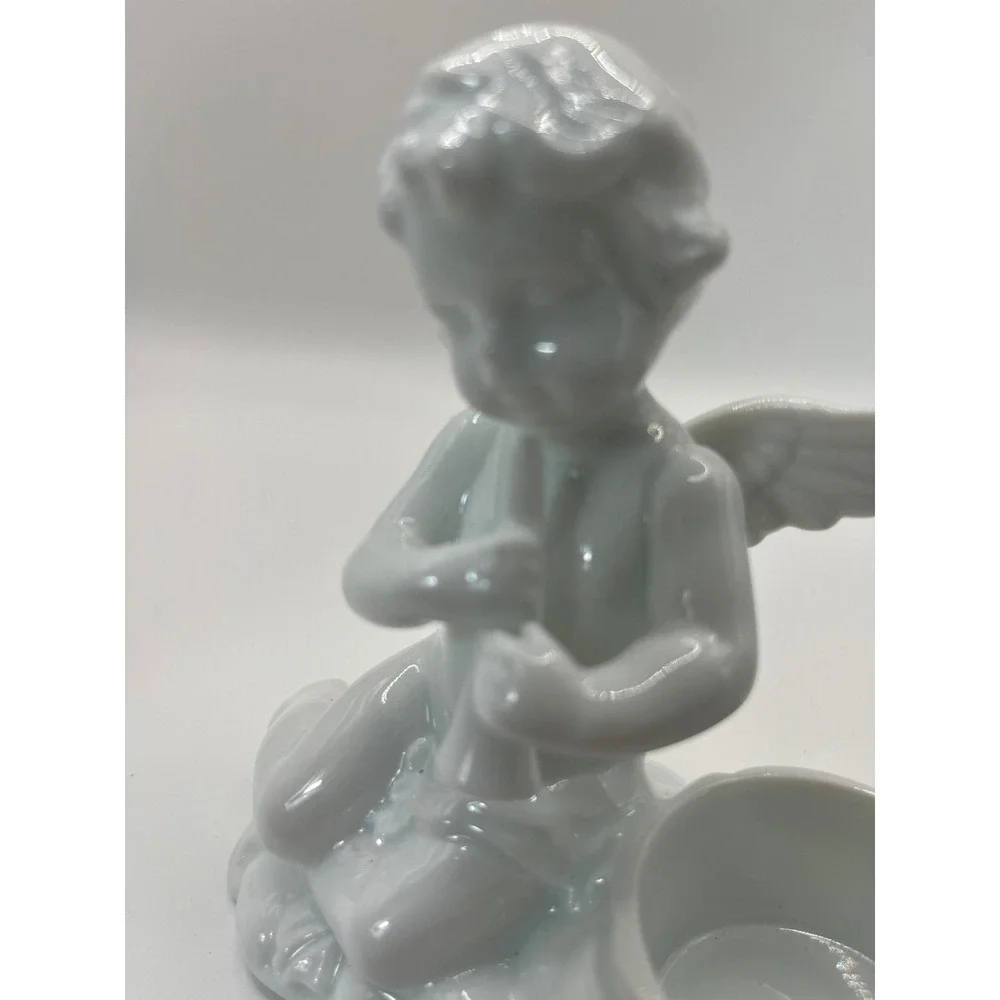 2 White Glazed Porcelain‎ Cherub Putti Cupid Taper Candle Holder Victorian